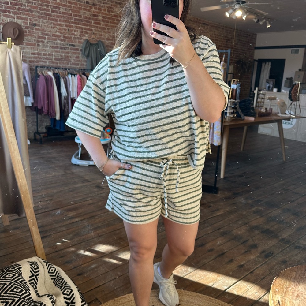 Zenana Outfitters Cream and Olive Striped Lounge Set